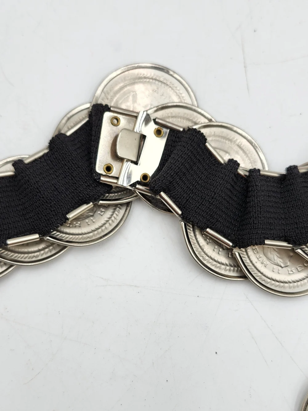 Vintage Elizabeth II Regina Coins Stretch Elastic Waist Belt Silver Tone